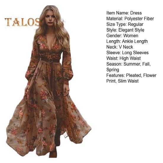 Spring Fall Dress V Neck Digital Floral Print Pleated A-line Maxi Dress Long Sleeves Beach Dress for Party Travel