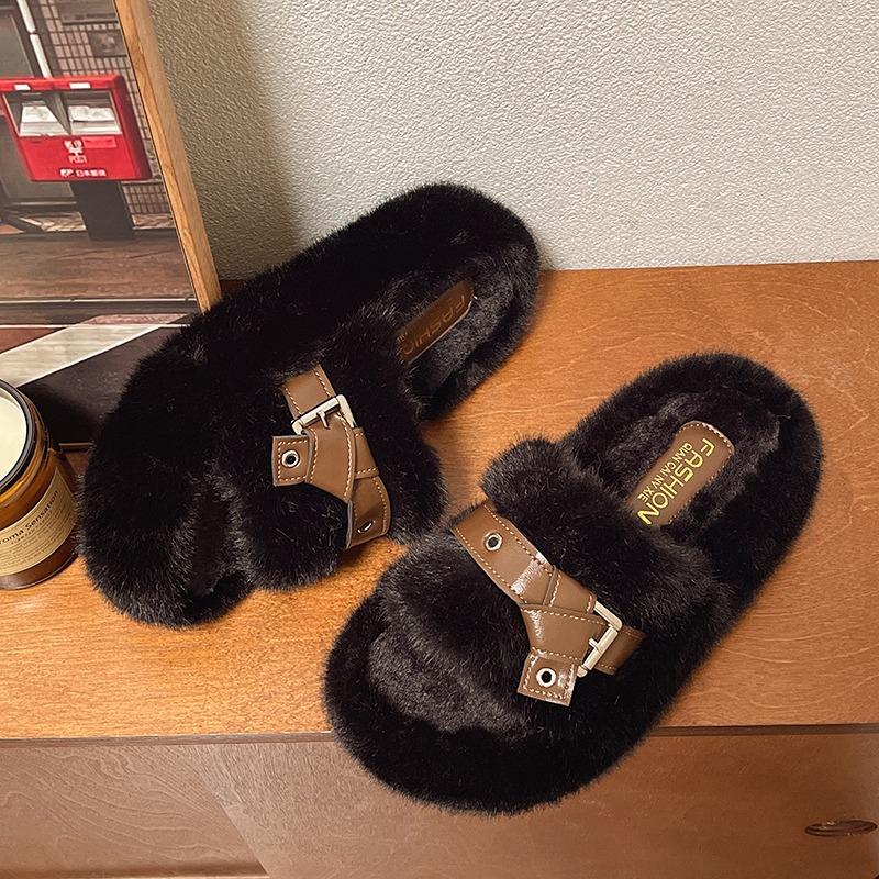 Fashion Flats Fluffy Women Slippers Fashion Buckle Autumn Comfortable Shoes Lady 2025 New Brand Classical Shoes Casual Zapatillas Mujer