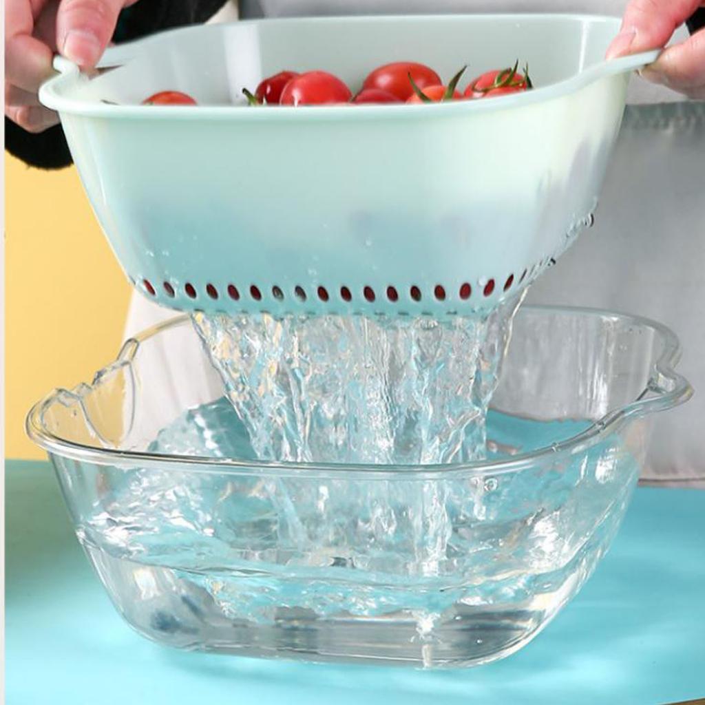 Vegetable Draining Basket Double Layered Plastic Food Fruit Bowl and Strainer Set for Kitchen