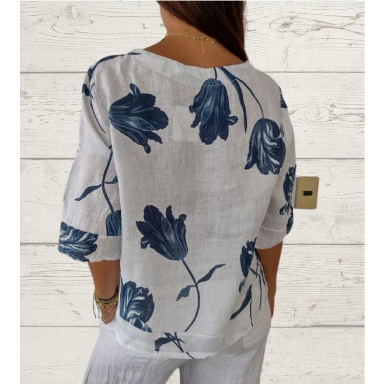 Women's Printed Cotton and Linen V-neck Short Sleeved Pullover Shirt T-shirt