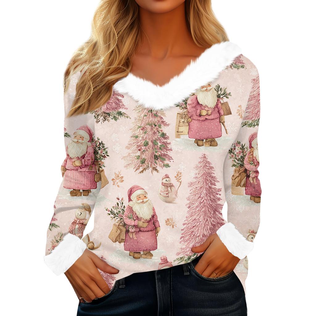 Women's T Shirt Tee Christmas Shirt Long Sleeve Party Christmas Print Fleece Collar V Neck Top