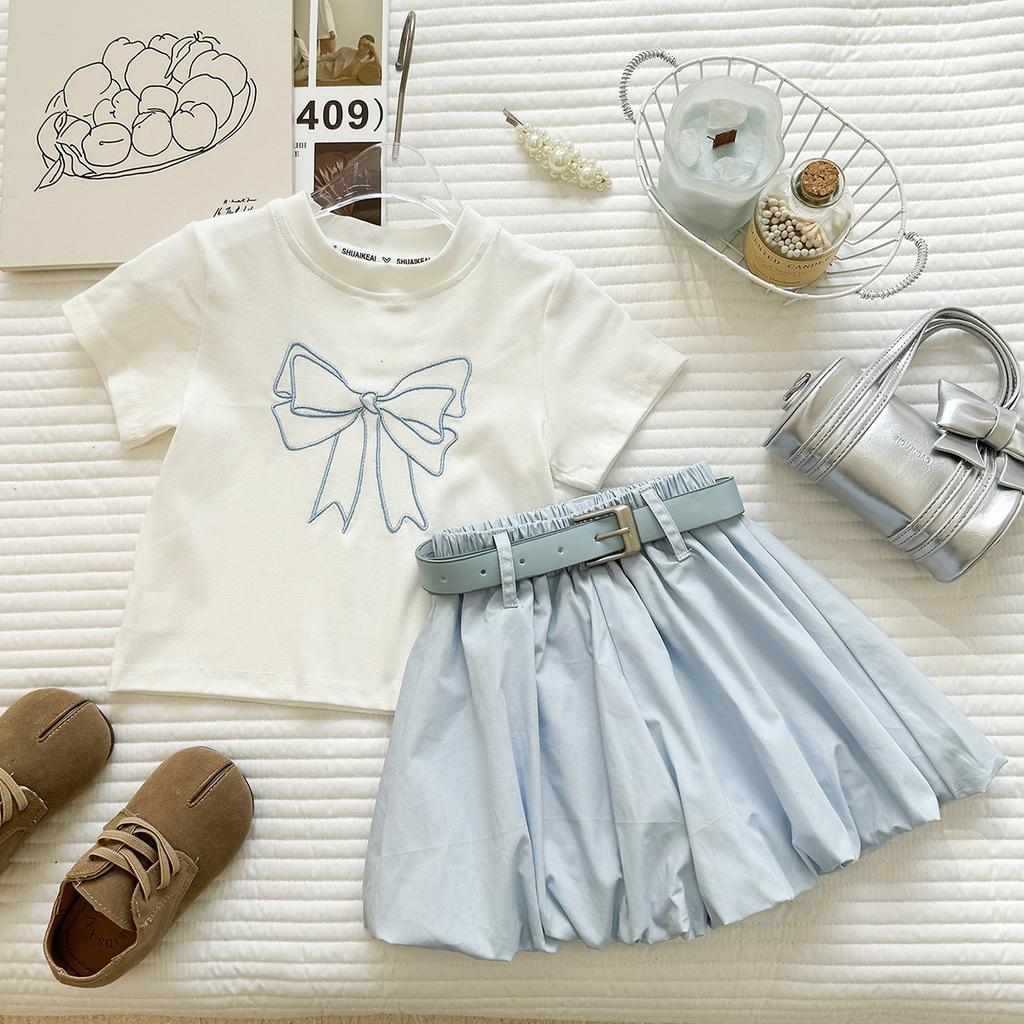 Girls' Summer Outfit New Embroidered Bow Short-Sleeve T-Shirt And Bud Shorts Casual Two-Piece Set For Girls