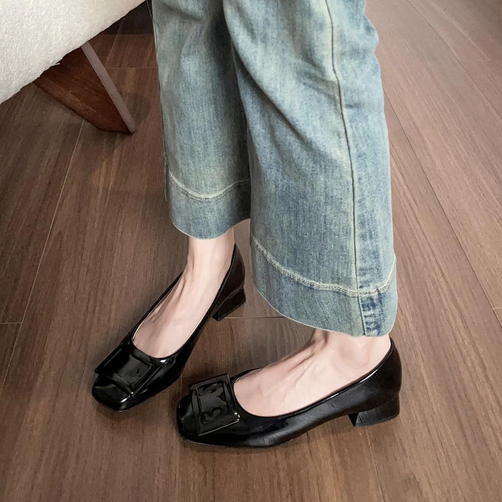Classic square buckle thick heel gentle square head elegant temperament nude single shoes women's summer