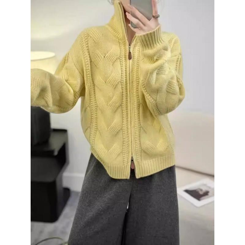 Womens Oversized High Neck Knit Cardigan With Dual Zippers Soft Warm Winter Sweater