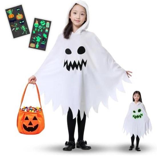 Buoniganuo Halloween Costume Kids Fluorescent Effect Ghost Cloak 3-Piece Set Glow-in-the-Dark Tattoo Stickers Devil Witch Cosplay Children Performance