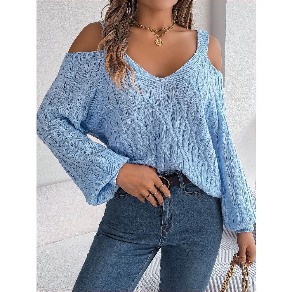 Women's Sweatshirt - Versatile Casual Solid Colour Cable-Knit Off-the-Shoulder Bell-Sleeve Knitwear
