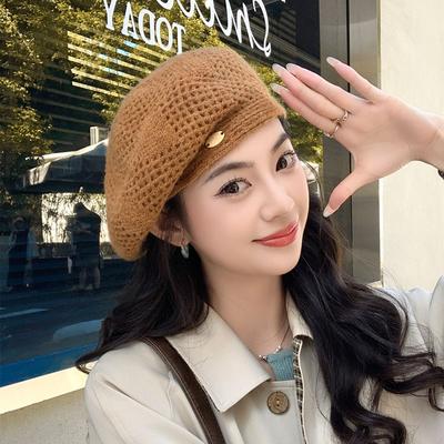 Literarische und künstlerische durchbrochene Baskenmütze für Damen, Herbst- und Wintermodelle, atmungsaktiv, mit großem Kopfumfang und kleinem Gesicht. Stricken