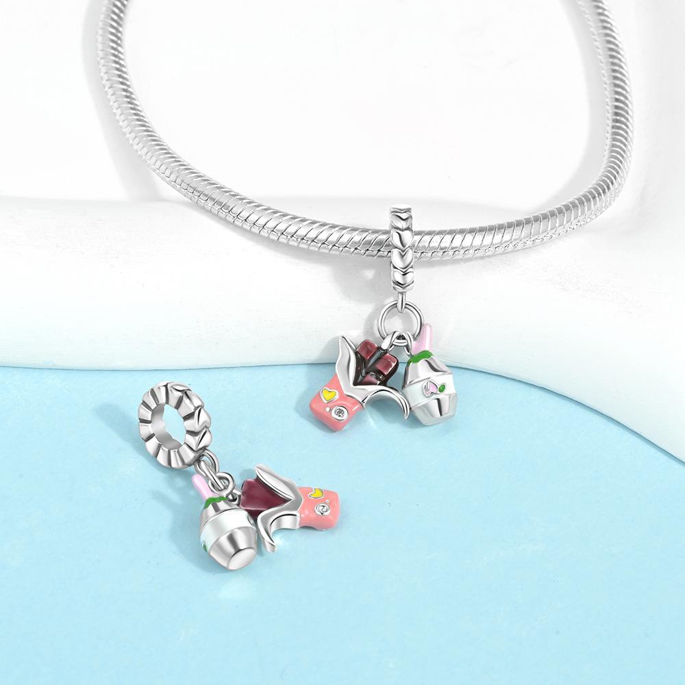 S925 Silver Creative French Fries Pizza Beaded Pendant DIY Handmade Jewelry Accessories Fashion Gift For Women