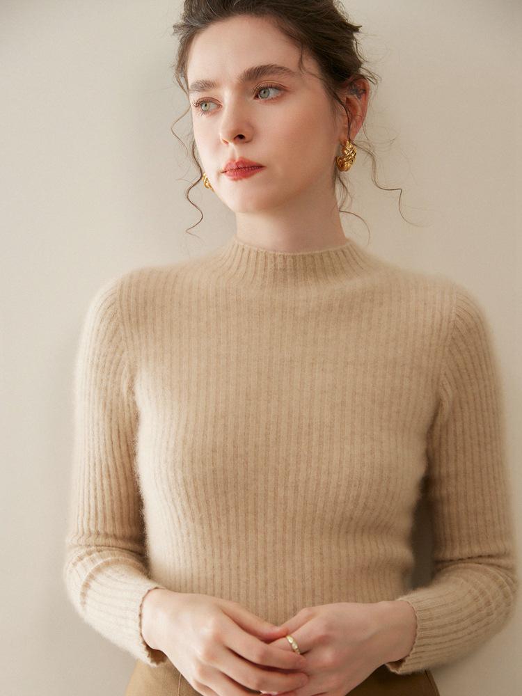 2025 Autumn/Winter Women's Slim-Fit Half-High Neck Solid Cashmere Ribbed Sweater