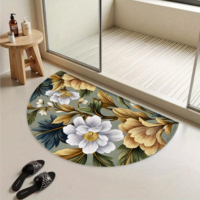1 Stück Vintage Gold Blumen Semi-Kreis Willkommens-Fußmatte Rutschfest für Außenbereich Terrasse Veranda Küche Badezimmer Eingangsbereich Bodenmatte 60X90CM