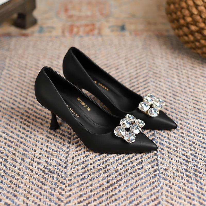 -Rhinestone high heels women's thin heels women's spring and summer casual fashion pointed single shoes