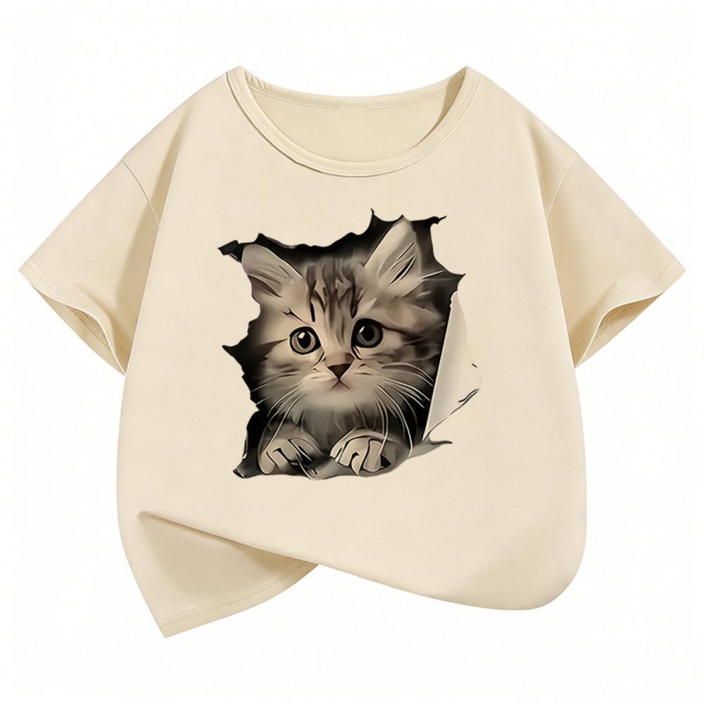 Cute Cat Graphic Kids Tshirts Summer Short Sleeve Tees Cartoon Animal Boys Girls Clothes Kawaii Kitten Tops Y2K Children T-shirt