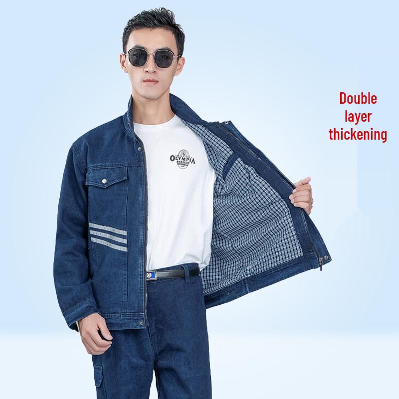 Men's Flame Retardant Denim Workwear Set for Spring and Autumn – Anti-Scald Protection for Electric Welders