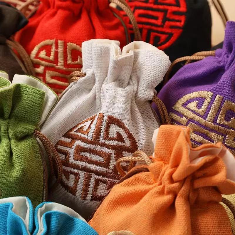 10pcs Chinese Color Linen Cotton Drawstring Bag Small Gift Jewelry Packaging Storage Pocket Reusable Pouch Decoration