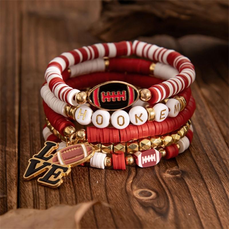 Versatile Unisex Football Charm Letter Beaded Bracelet Elastic Band Handchain for Everyday Wear Street Hand Jewelry