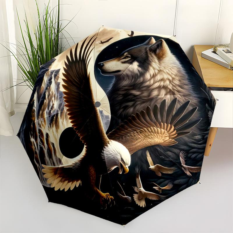1pc Wolf and Eagle Yin Yang Automatic Opening and Closing Umbrella - Lightweight 3-Fold Design, Suitable for Fans, Travel, Daily Use, Interesting