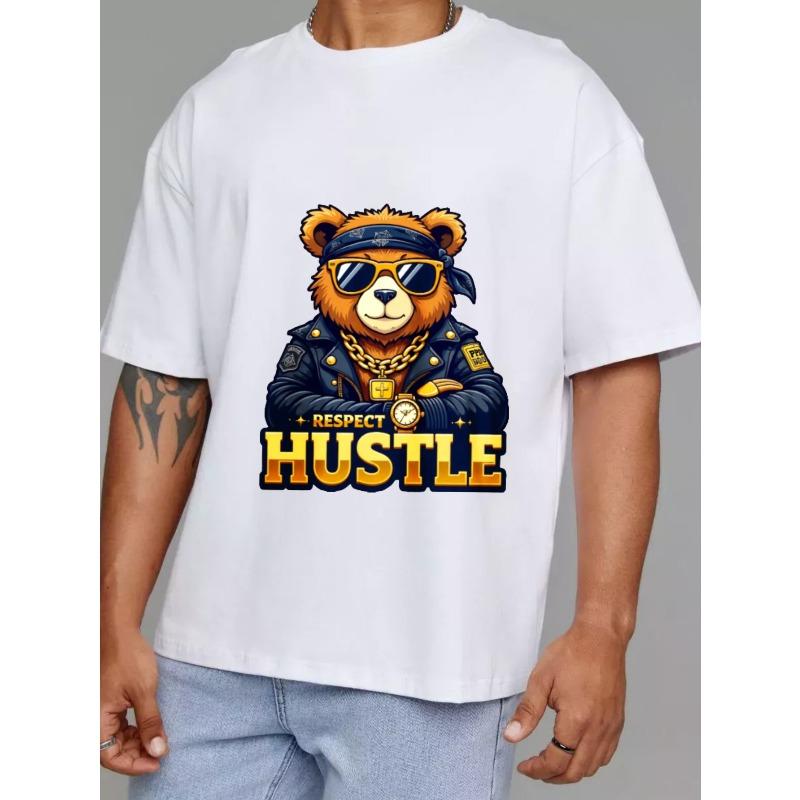 Tričko s kulatým výstřihem Bílý medvěd se slunečními brýlemi a koženou bundou Respektuj Hustle Potisk Ležérní Streetwear pro muže