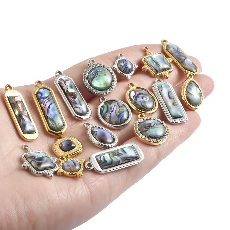 3pcs Geometric Charm Real Abalone Shell Stainless Steel Pendants For Jewelry Making Supplies Rectangle Round Pendant DIY Finding