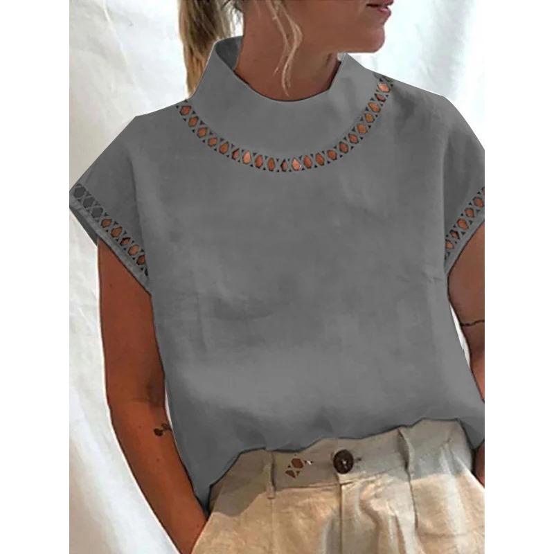 HNXC Women's Fashion Casual Solid Color Print Short Sleeve  Blouses & Shirts