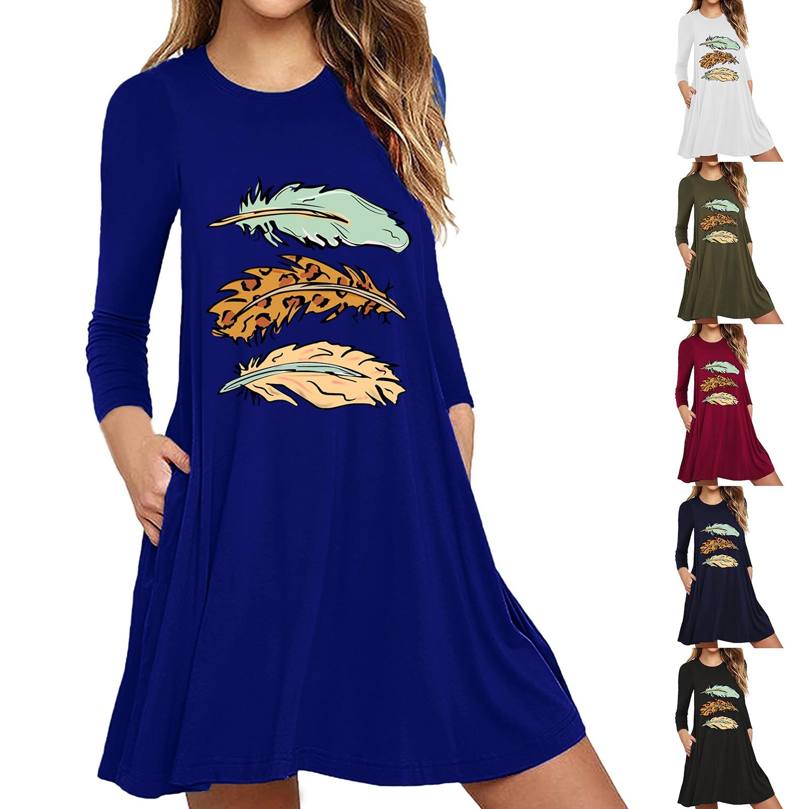 

Ladies casual feather print long-sleeved raglan color block dress