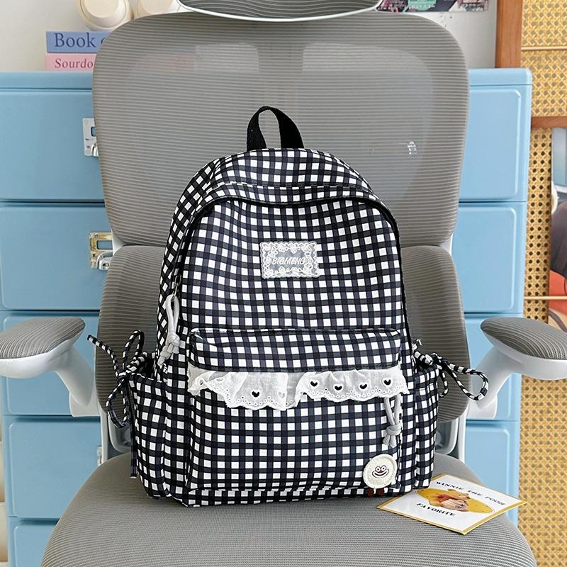 Schoolbag Korean fresh plaid corrugated backpack girl heart lace small schoolbag girls junior high school students female commuter bag
