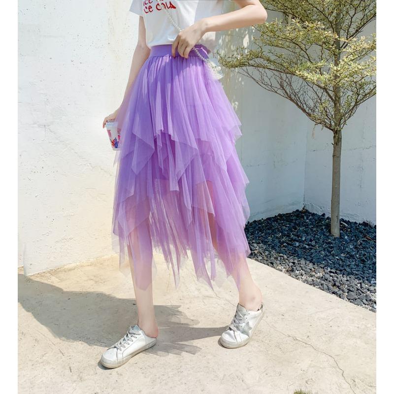 Irregular Mesh Skirt for Female Students Korean Style Pleated Skirt Mid-length Gauze Skirt