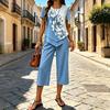 Women's Casual 2 Piece Sets Short Sleeve Crew Neck Top And Cropped Pants Sets Summer Floral Lounge Outfits