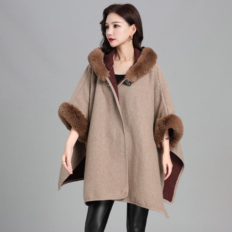 European and American Imitation Rabbit Fur Collar Hooded Large Shawl Cape Women's Knitted Cardigan Thick Loose Mid-length Fur Coat for Women