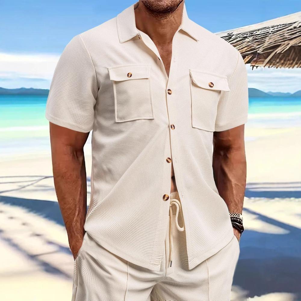 Summer Men's Waffle Short Sleeved Casual Solid Color Shirt