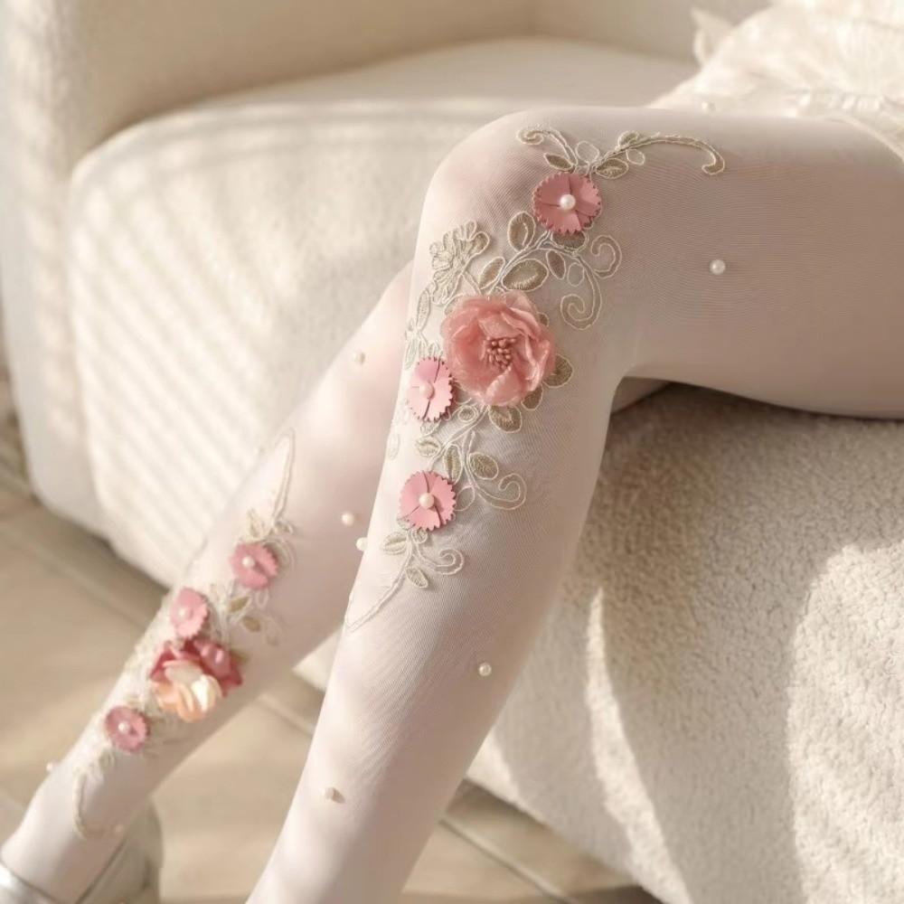 Pearl Decorated Women's Flower Stockings Elegant Style Sheer Pantyhose  Lolita Party