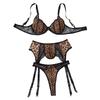 Sexy Women’s Leopard Print Lingerie Set Lace Patchwork Underwear Low Cut Push Up Three Piece Set