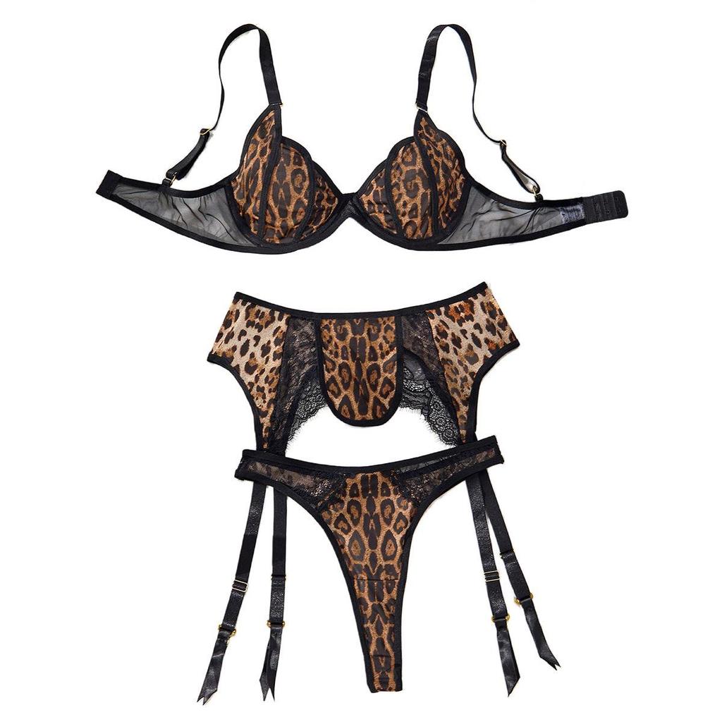 Sexy Women’s Leopard Print Lingerie Set Lace Patchwork Underwear Low Cut Push Up Three Piece Set