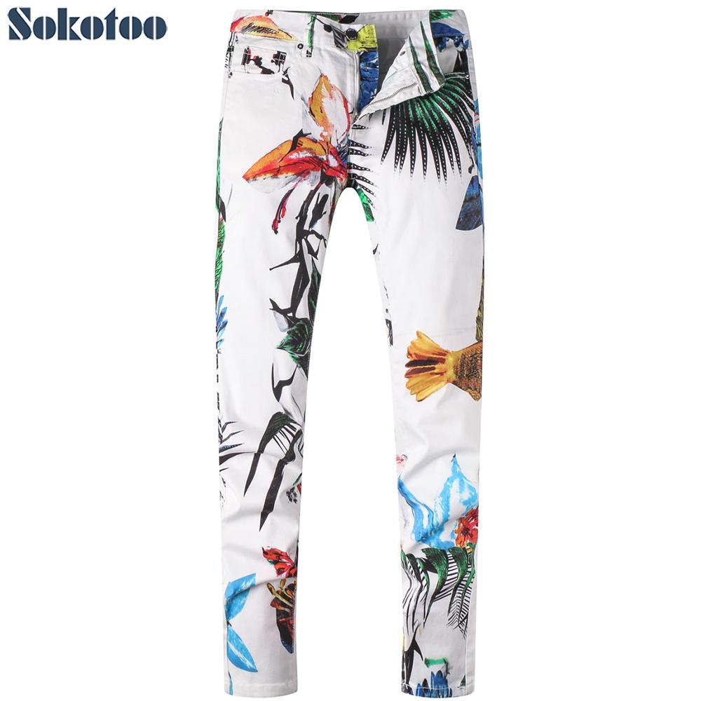 Buy Sokotoo Men's White Print Colored Painted Flower Jeans Fashion Slim  Straight Denim Pants at affordable prices — free shipping, real reviews  with photos — Joom