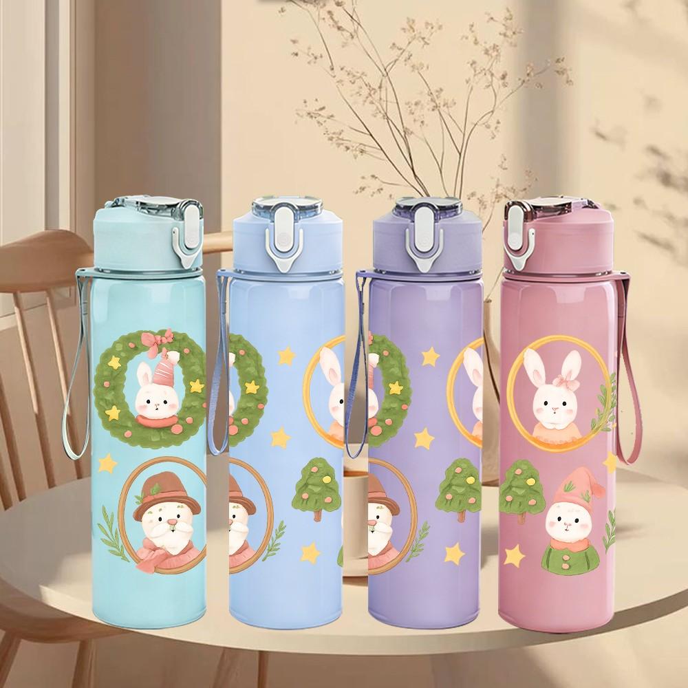 1PC Christmas Wreath Santa Figure Pattern 750ml Color Plastic Sports Water Bottle Leakproof Flip Straw Lid Suitable for Sports Office Home Use