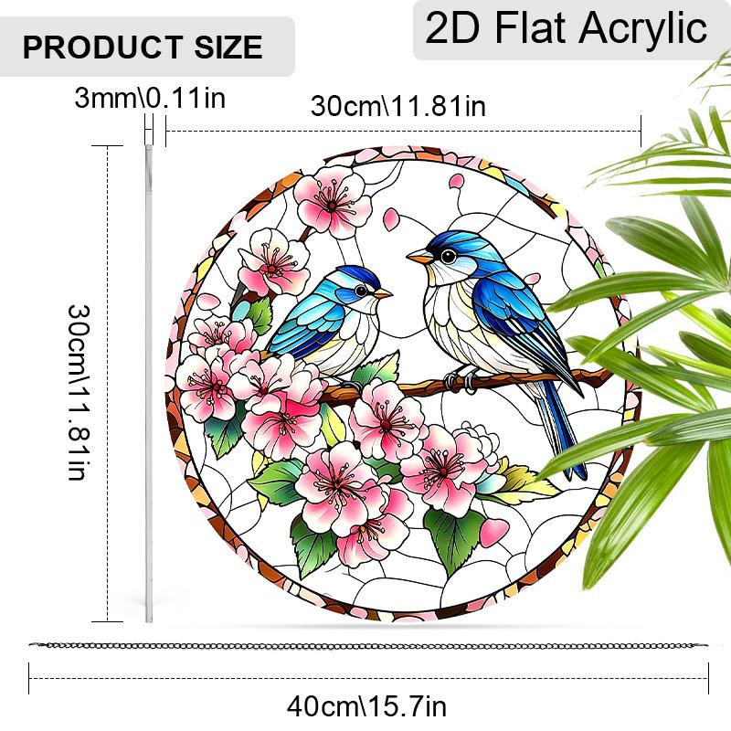 2D Flat Acrylic Peach Blossom Birds Suncatcher Decorative Hanging Ornament, 7.87/11.81inches Love Birds Home Window Porch Wall Garden Tree Decor