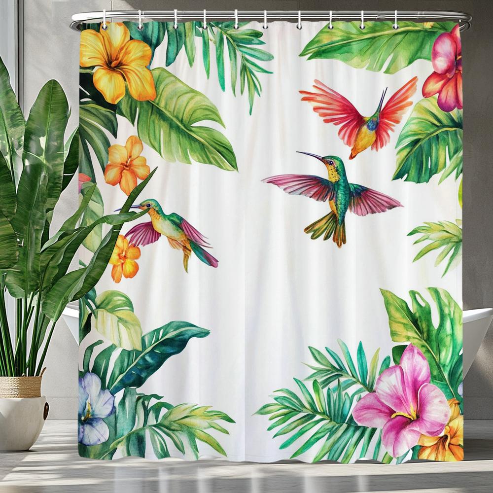 

Tropical Green Plants And Flowers Birds Shower Curtain, Bathroom Decorative Shower Curtain, Printing Shower Curtain With Hooks W60H190(CM)-1 Pcs