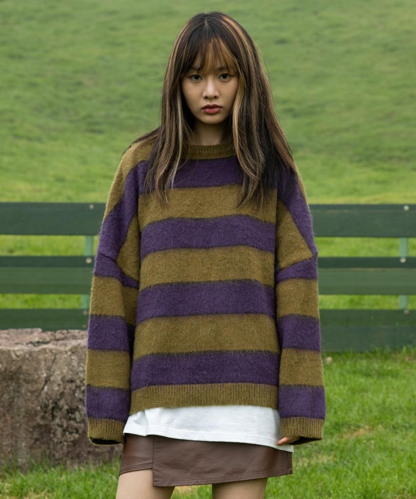 XTONZ Xtk036 Allen Striped Mohair Knit (Khaki/Purple)