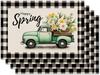 Glückliches Frühjahr Platzset Set of 4 Frühling Sommer LKW Platzsets Saisonale Buffalo Plaid Karomuster Tischsets für Innen Außen Haus Küche Esszimmer Dekor Teil