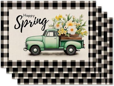 Glückliches Frühjahr Platzset Set of 4 Frühling Sommer LKW Platzsets Saisonale Buffalo Plaid Karomuster Tischsets für Innen Außen Haus Küche Esszimmer Dekor Teil