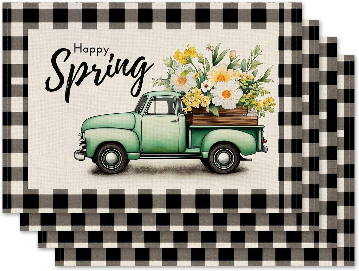 

Happy Spring Placemat Set of 4 Spring Summer Truck Placemats Seasonal Buffalo Plaid Check Table Mats for Indoor Outdoor Home Kitchen Dining Decor Part 4Pcs