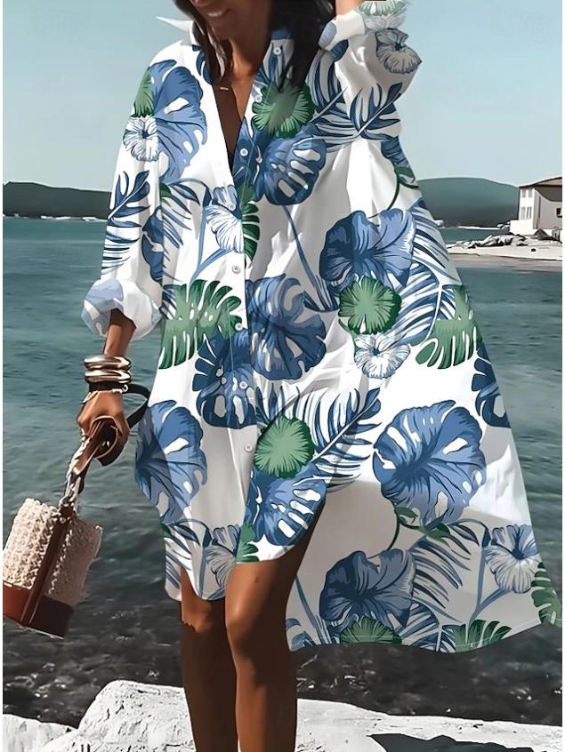 Trendy 3D Floral Print Lapel Long Sleeve Dress