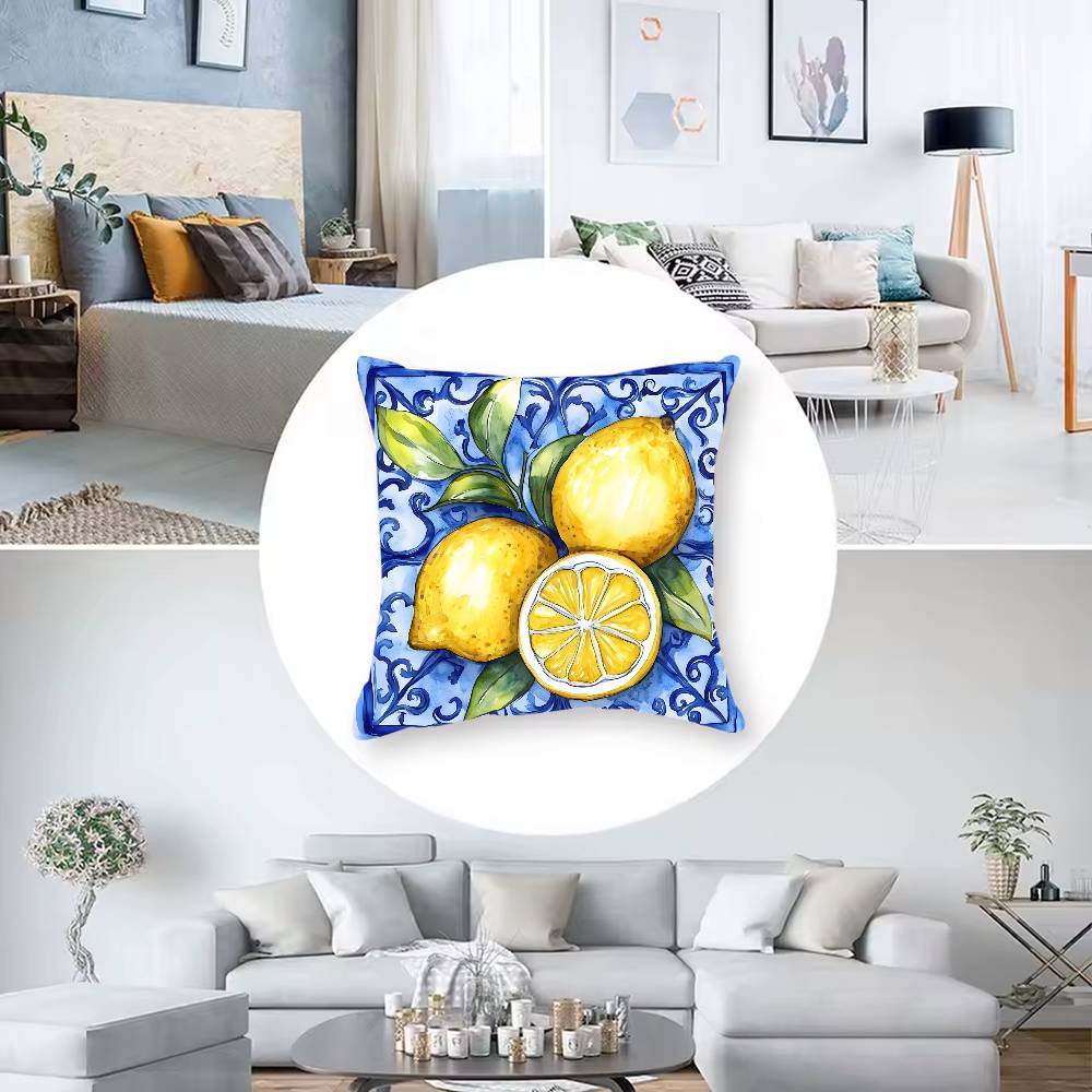 Blue - Toned Watercolor Lemon Pillow Case  Anti-dustmite Pillowcase Invisible Zipper Silky Short Plush Sofa Cushion Cover