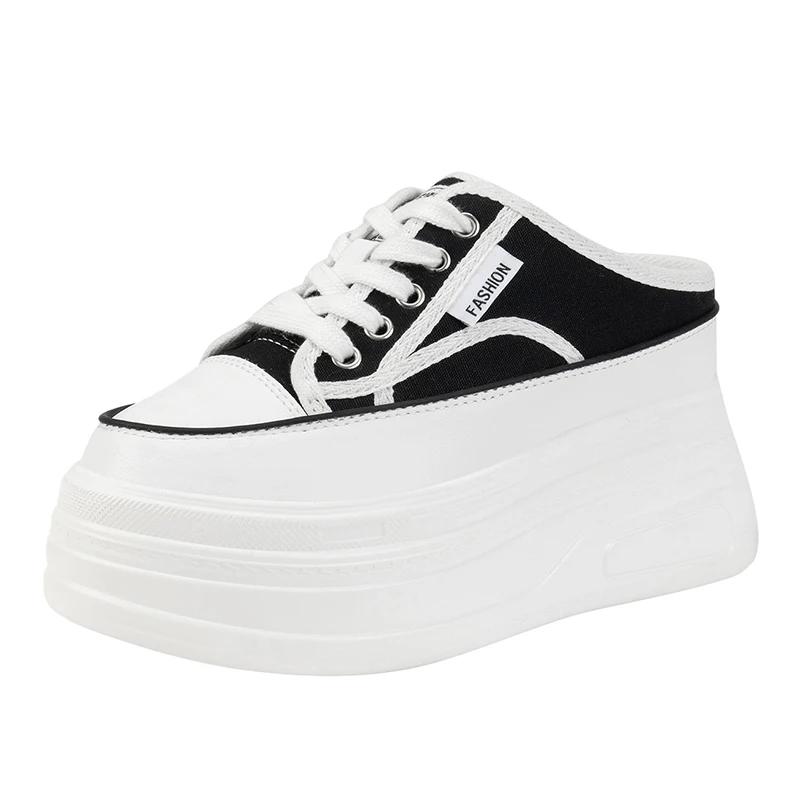 Fashion 2025 New Denim Platform Ladies Slippers Lace Up Chunky Sneaker Casual Comfy Breathable Autumn Bao Toe Shoes Zapatillas De Mujer