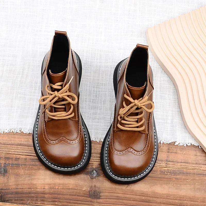 Fashion Mori Literary Retro Big Head Shoes Carved Detail British Style Women Boots Thick Sole Lace-up Ankle Boots Handmade Warm Shoes