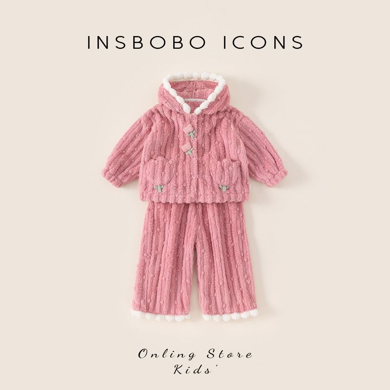 Insbobo Girls Loungewear 2025 Autumn and Winter New Children s Thickened Set Baby Winter Warm Pajamas Trendy Pink 80