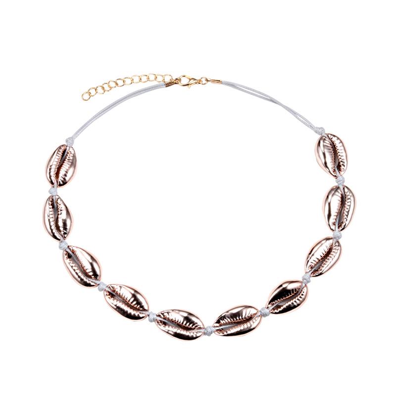 Bohemian White Shell Necklace with Rose Gold Clavicle Chain - Handmade Woven Jewelry with Lobster Clasp.