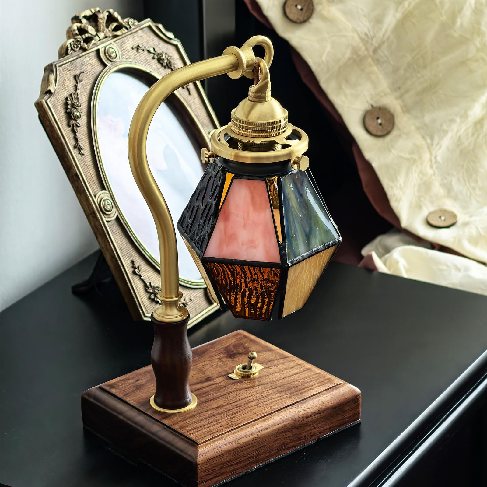 

Stylish, retro, handmade stained-glass diamond-shaped table lamp with a brass and walnut base. Perfect for bedside or table lighting, this indirect