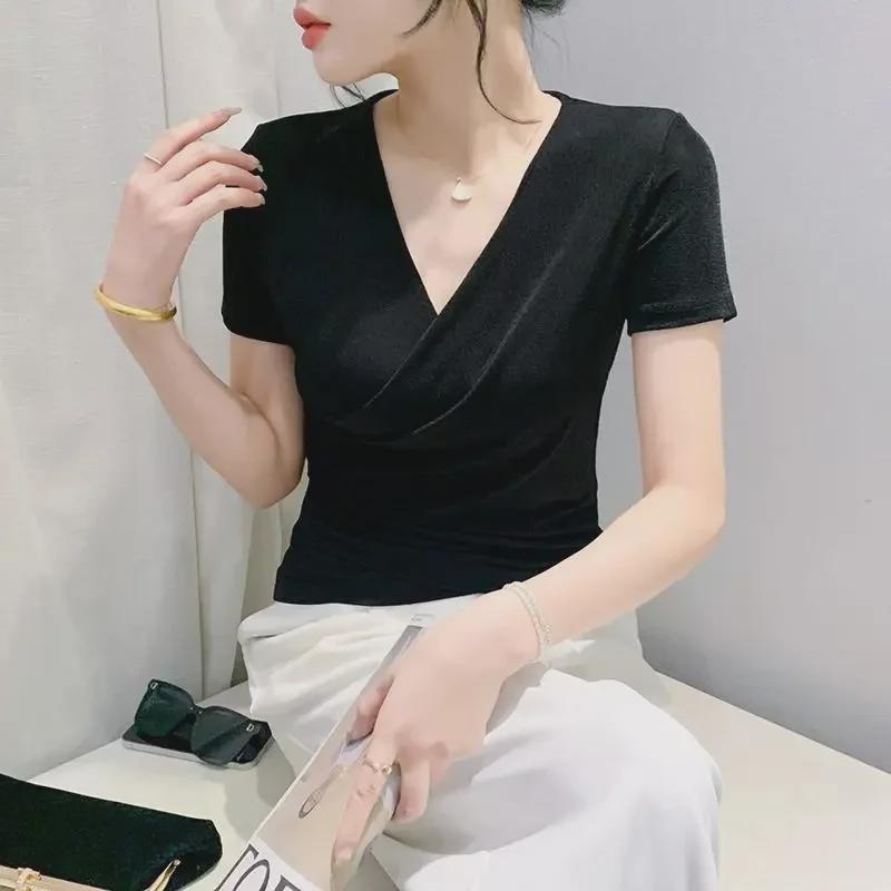 2024 Sommer V-Ausschnitt Slim Kurzarm Mesh T-Shirt Pullover für Damen