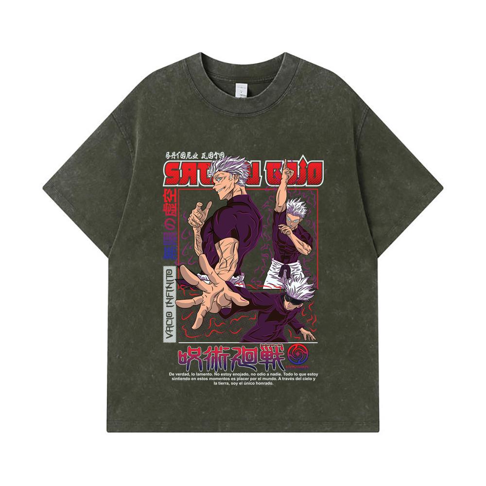

275 GSM Washed T-shirts 100% Cotton Jujutsu Kaisen V25 Gojo Print Unisex Heavy Cotton T Shirt S армия зеленый