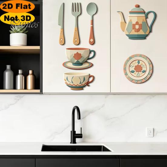 Soft Tone Kitchen Wall Stickers 7Pcs 2D Flat Wooden Decor, Retro Teapot Tableware Themed Vintage Pattern Art, Self?Adhesive Plaques for Dining Room